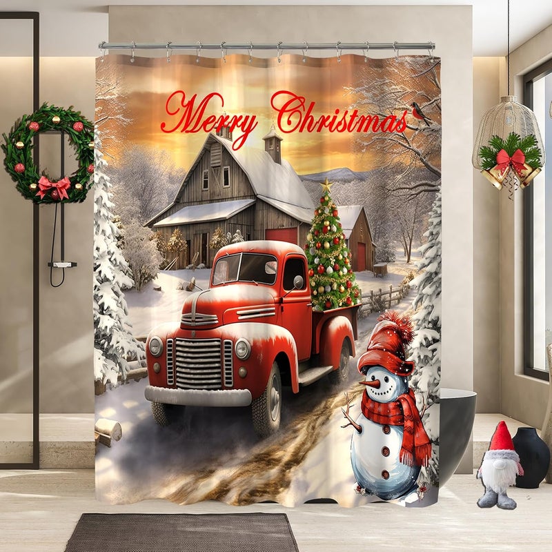 YOSTEV Red Truck Christmas Shower Curtains for Bathroom Decoration Christmas Tree Shower Curtain Winter Vintage Rustic Farmhouse Bathroom Curtain Xmas Pine Fabric Cloth Bath Curtain 72x72 Inch - Image 2
